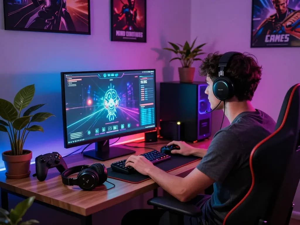 Mind control porn gaming scene with player immersed in vibrant graphics, capturing modern gaming atmosphere.