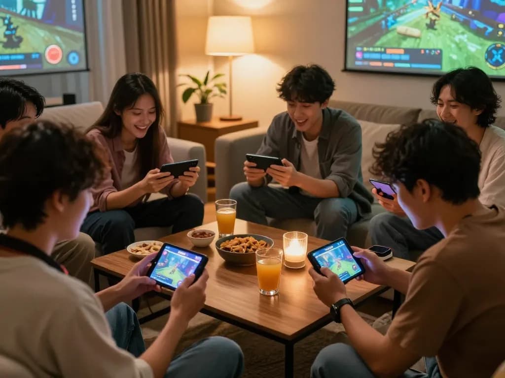 Friends playing tải sun win on smartphones in a cozy living room.