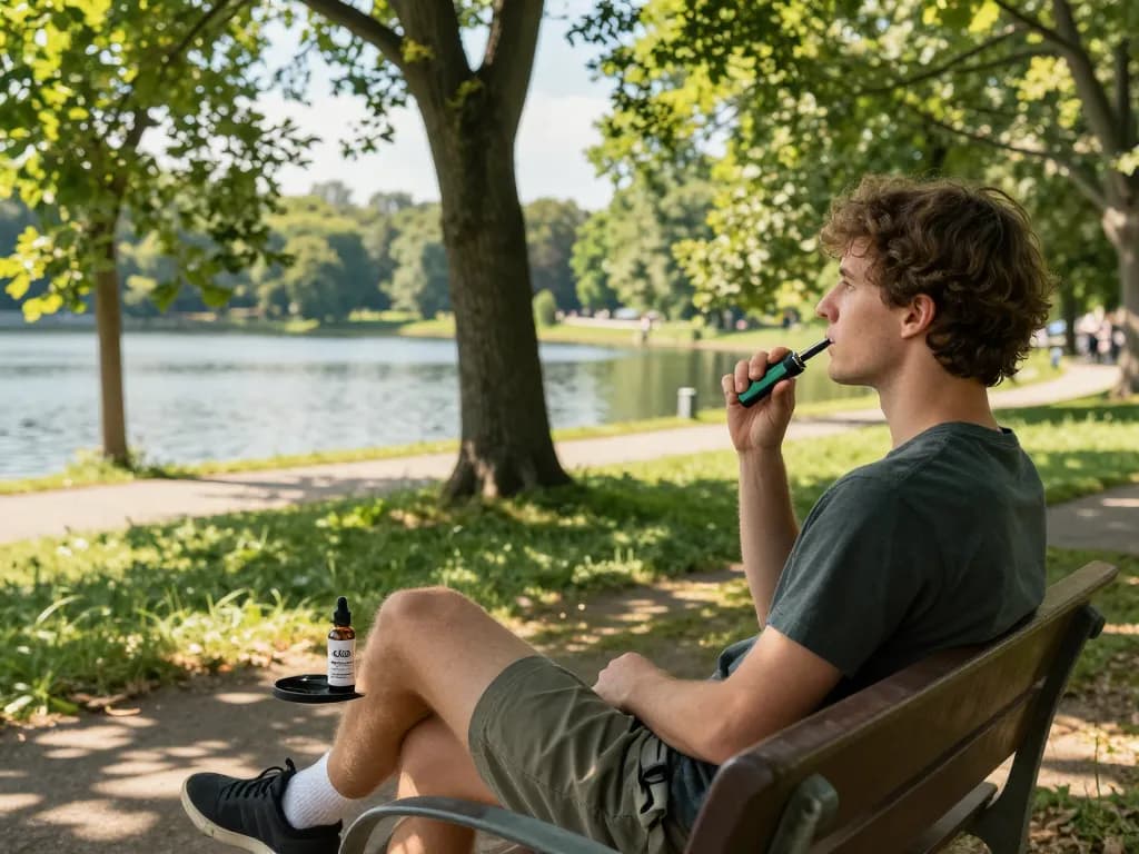 Thc vapes Italia presentati in un ambiente esterno sereno con olio di CBD per il benessere naturale.