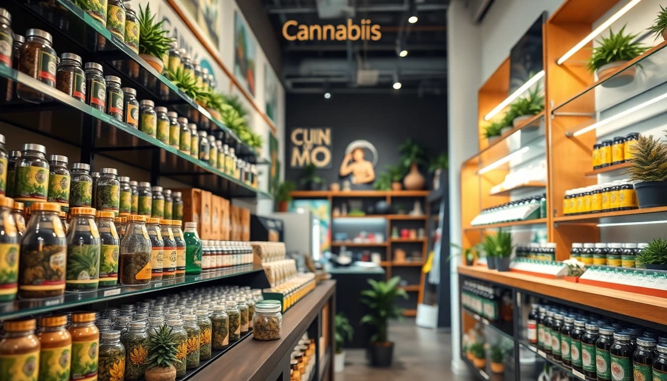 Cannabis Shop Verband Lloret de Mar zeigt eine Vielzahl von Produkten in einladender Atmosphäre.