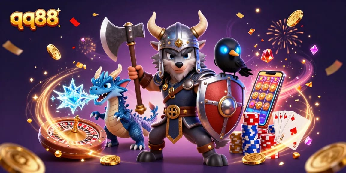 Bet on qq88 for epic gaming adventures featuring Viking warriors and dragons amidst dazzling casino elements.
