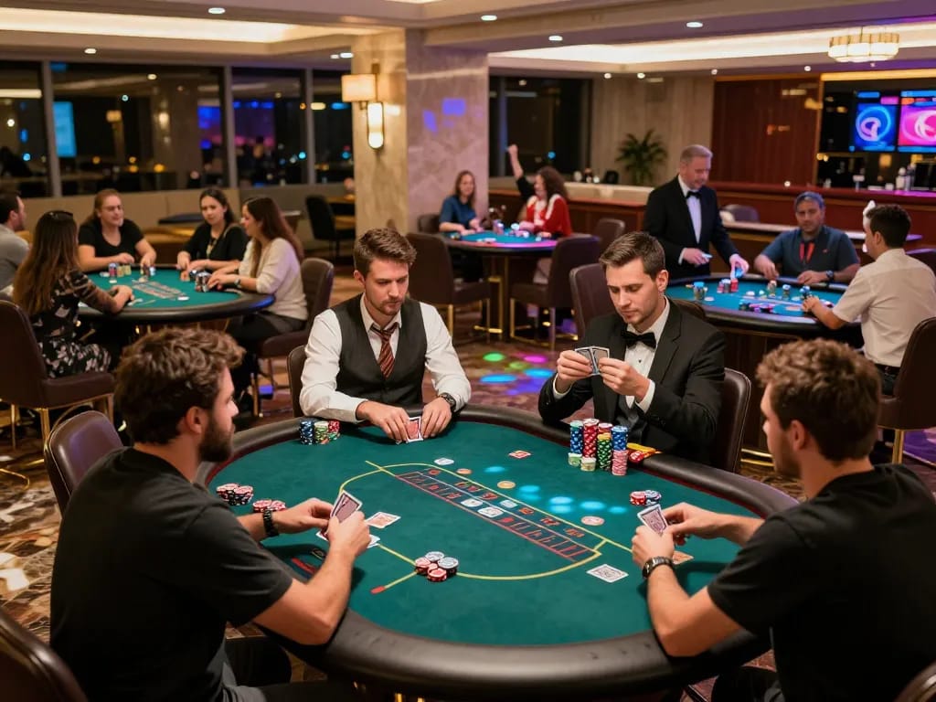 F8BET players enjoying vibrant poker action at a modern casino table with engaging atmosphere.