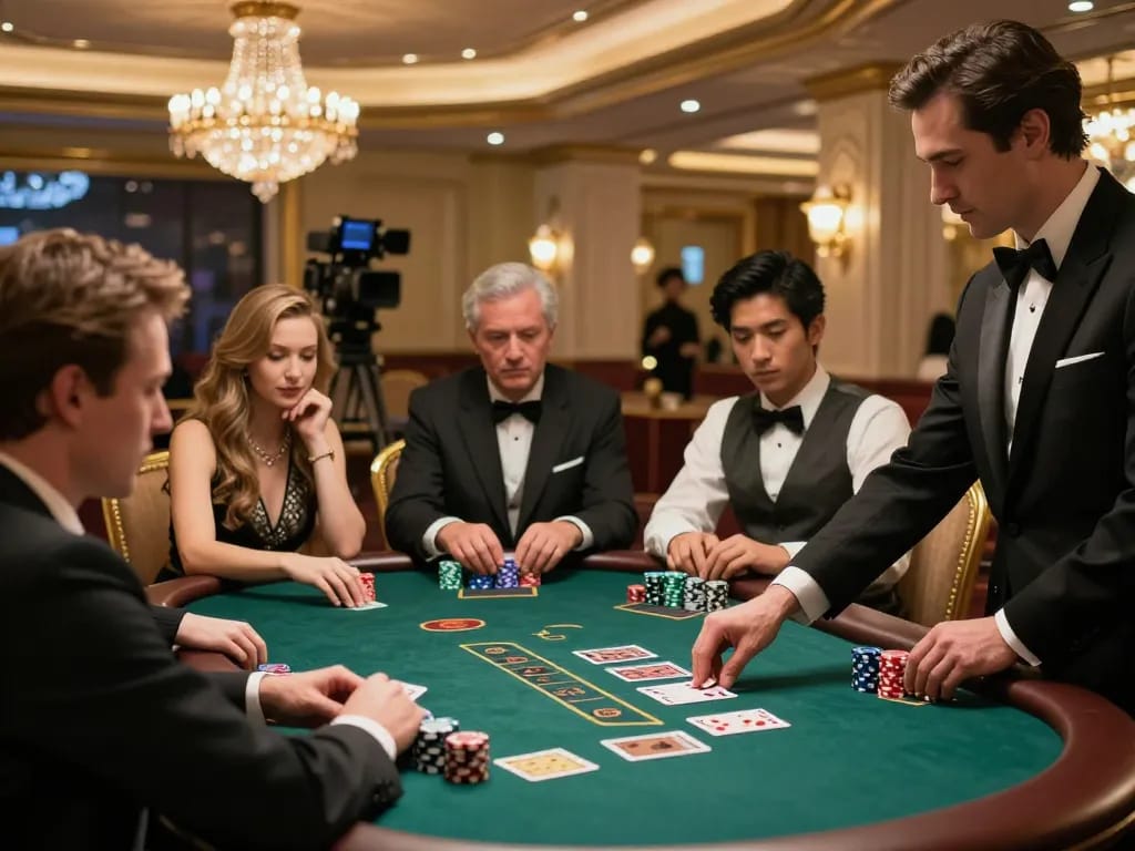 Engaged players at nhà cái tg88 blackjack game in an elegant casino setting, showcasing strategic gameplay.
