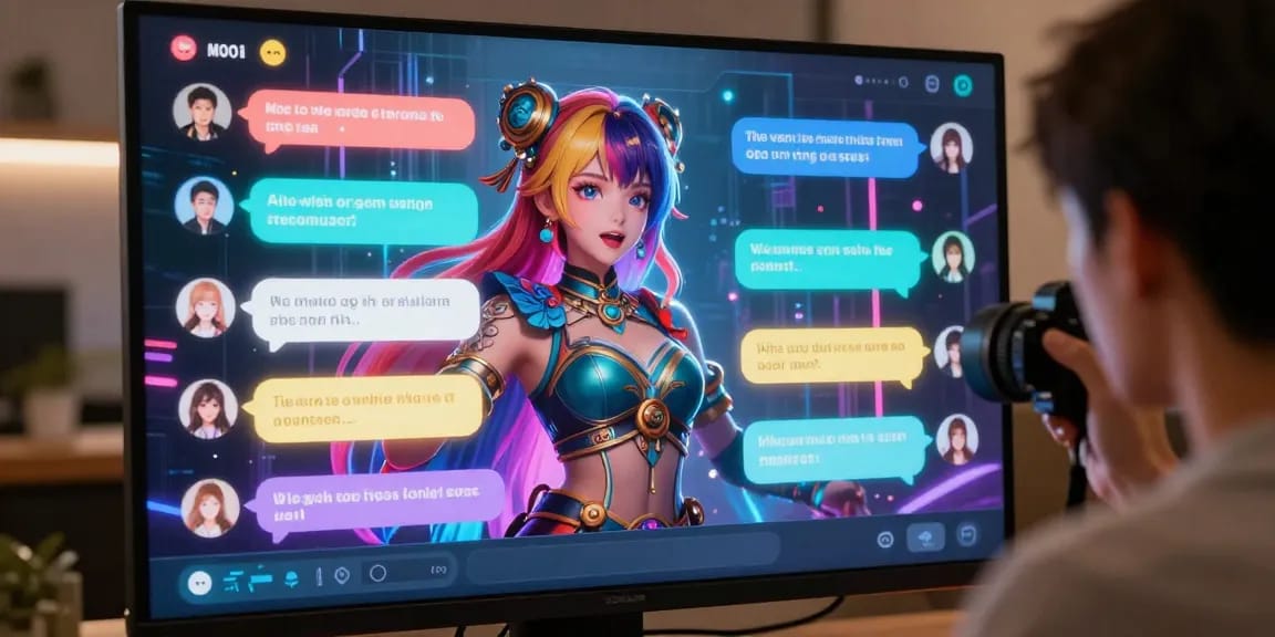 User interacting in an AI hentai chat with vibrant anime character and futuristic digital setting.