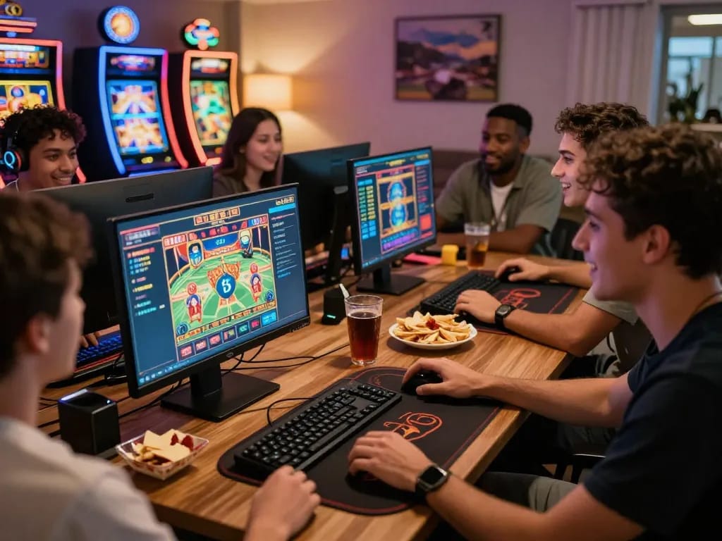 Engaging online gaming moment at https://bomwin.jp.net/ with friends enjoying a virtual casino experience.