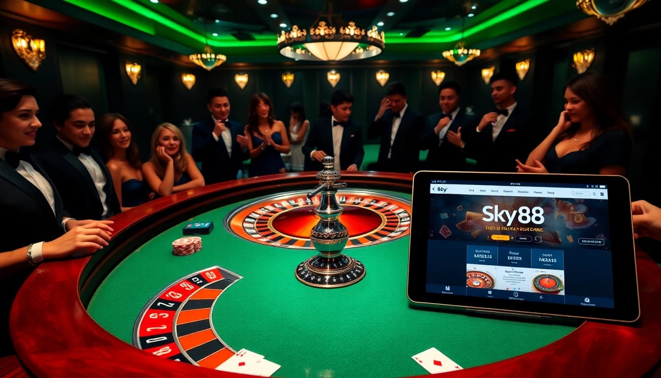 Experience thrilling moments at Sky88 casino with a vibrant roulette table and engaging players.