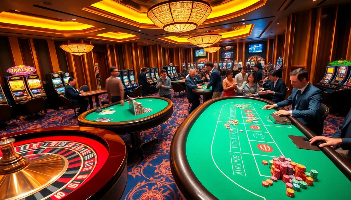 Exciting casino atmosphere at KK55 with players, roulette wheel, and vibrant slot machines.
