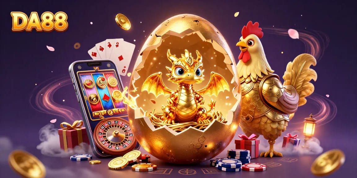 Engage with the DA88 branded illustration featuring a baby dragon on poker chips, showcasing vibrant casino elements.