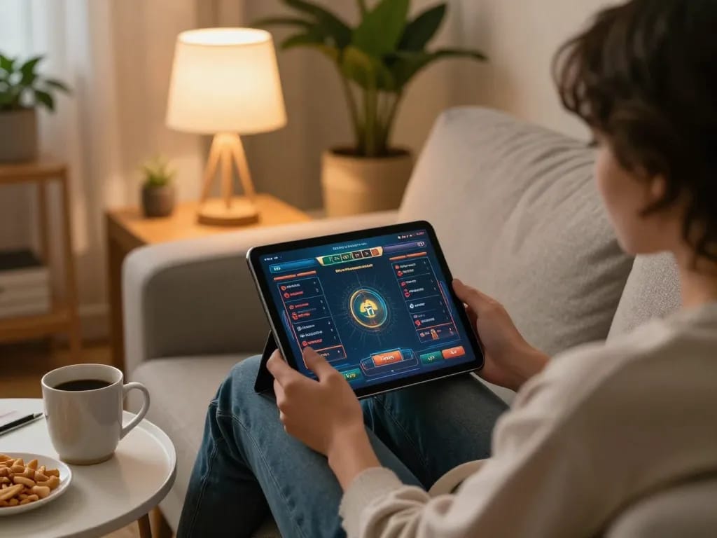 Engaged player using loto188 app on a tablet in a cozy home setting, showcasing online gambling