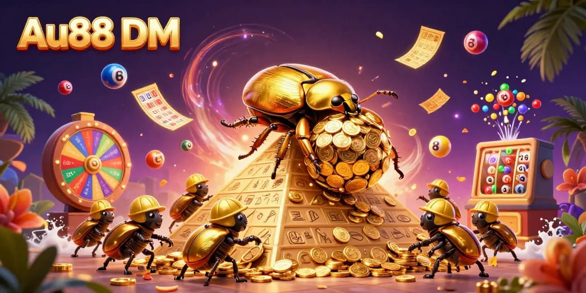 Engage with the excitement of Au88 DM as golden beetles roll coins and games fly around them!