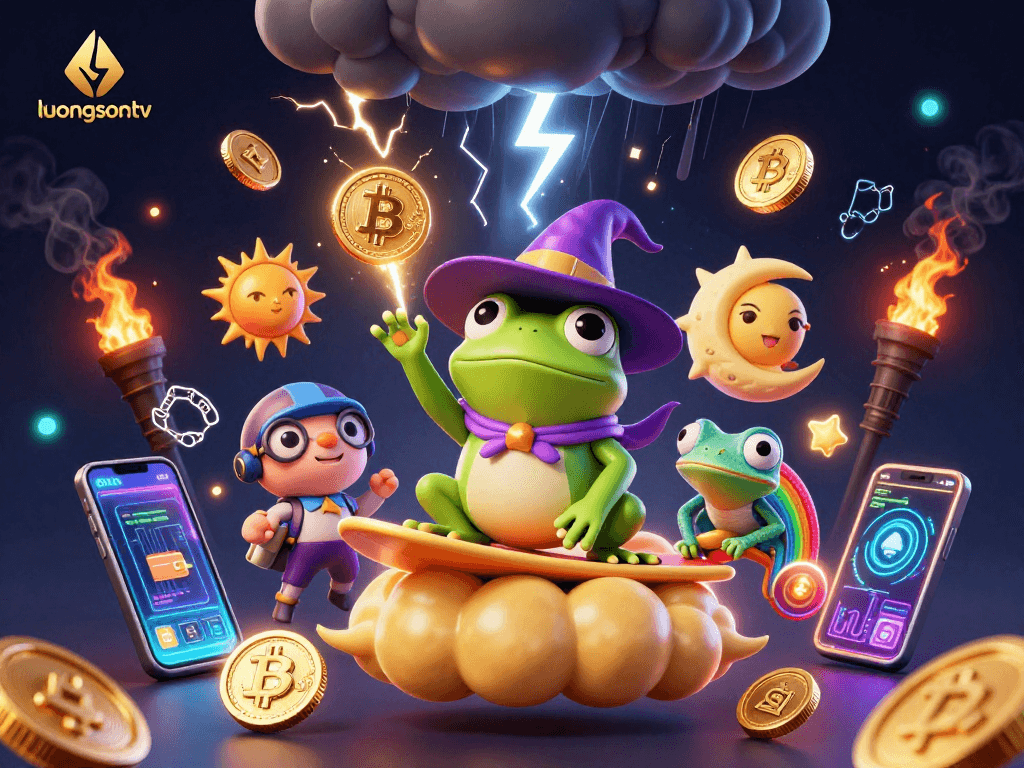 Experience thrilling gameplay with luongsontv, a vibrant 3D scene of cartoon characters amidst a storm of gold coins.