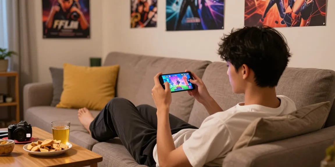 A young adult enjoying a mobile hentai game on their smartphone in a cozy living room.