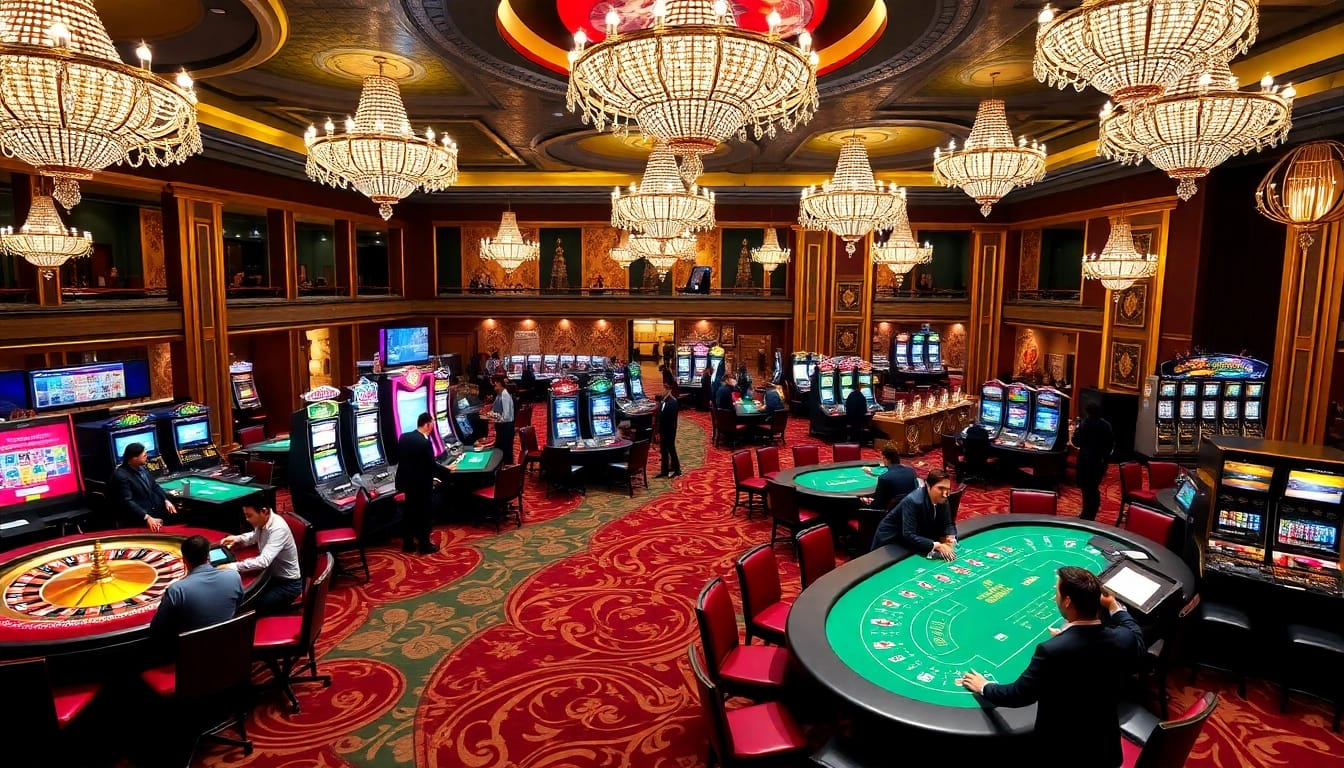 Players enjoying thrilling games at TV88 casino with roulette wheels and slot machines.