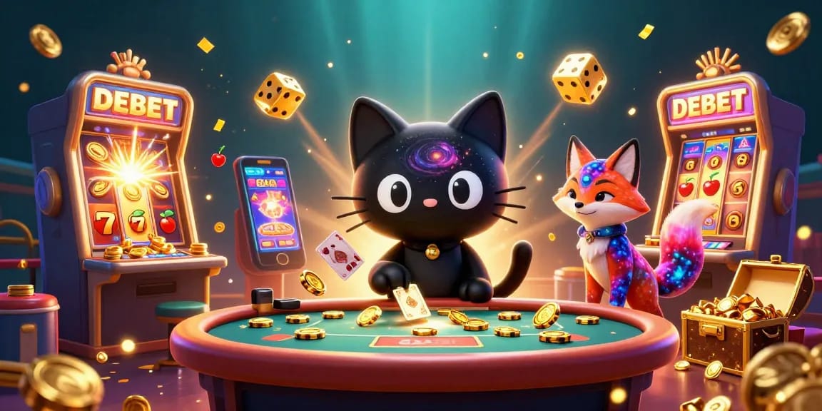 DEBET showcases a cosmic casino scene featuring a black hole cat and colorful nebula fox with exploding jackpots.