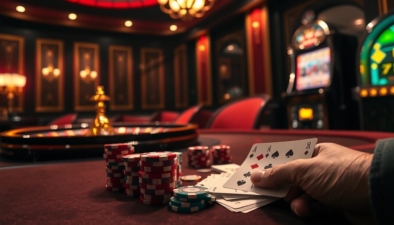 C168 poker game atmosphere with vibrant chips, cards, and roulette wheel, enhancing casino excitement.