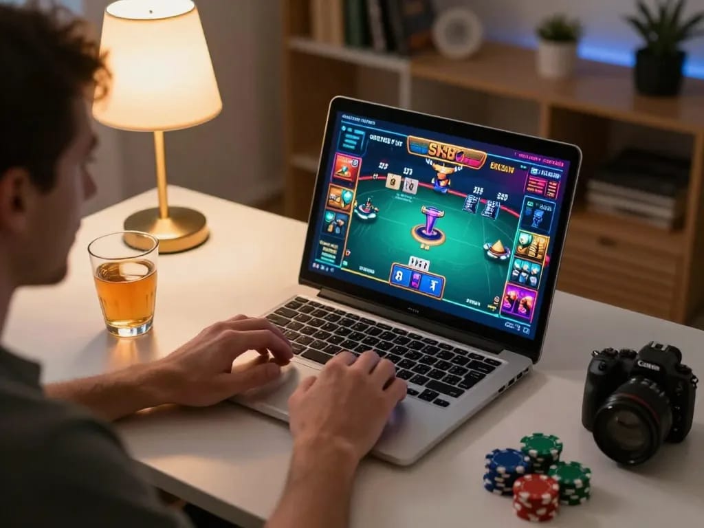 Engaging poker gameplay session at sx88 com with player focused on laptop, chips, and cozy ambiance.