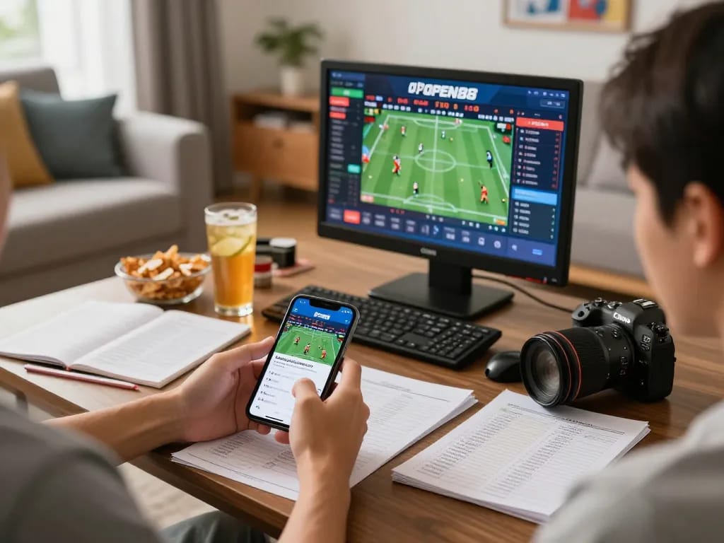 Engaging in live sports betting with Nhà cái OPEN88 app on smartphone in a cozy setting