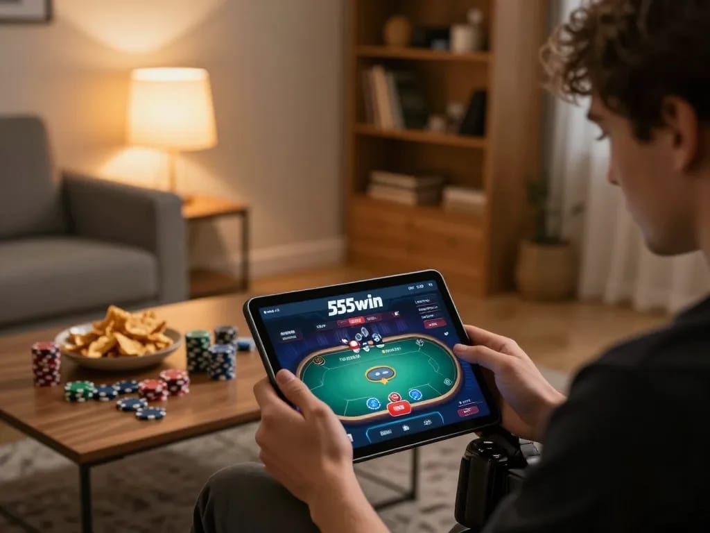 Engaged player using 555win com on tablet during home gaming session with cards and chips.