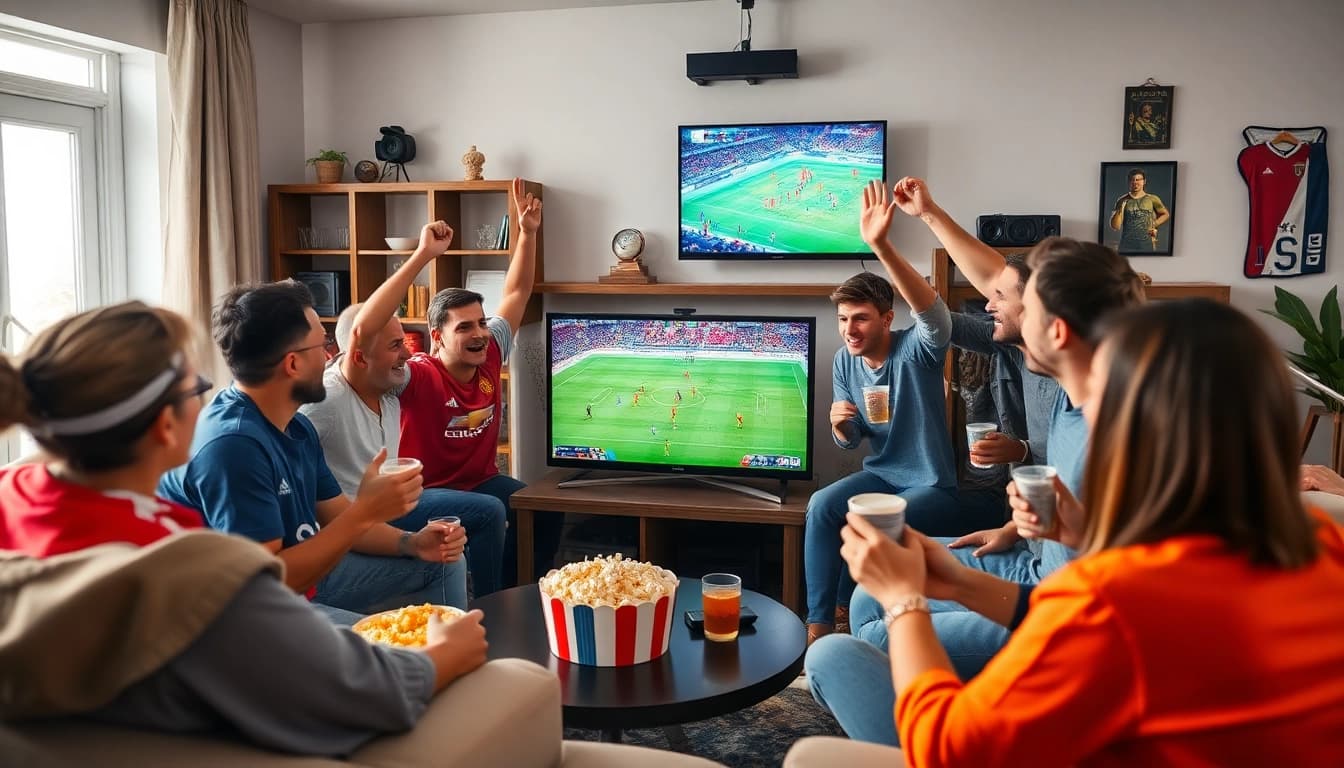 Excited fans enjoying a live soccer match on Socolive TV in a vibrant living room setting.