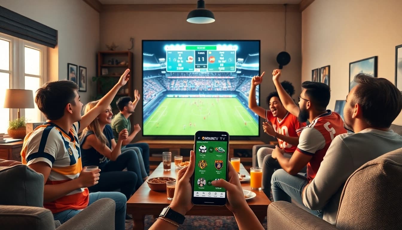 Excited fans enjoying live football on OKWINTV in a cozy home setting