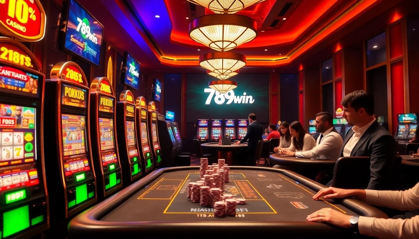 Exciting casino gaming atmosphere with slot machines and poker tables featuring 789win branding.