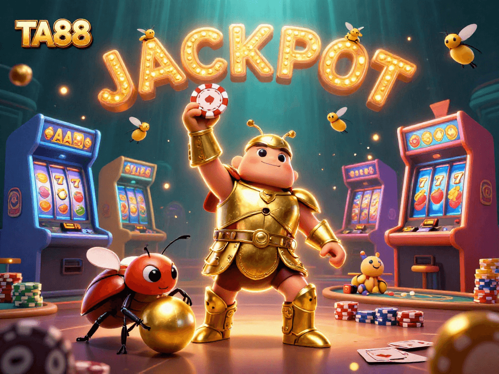 Engage with TA88 jackpots featuring hercules beetle, poker chip, and vibrant casino elements.