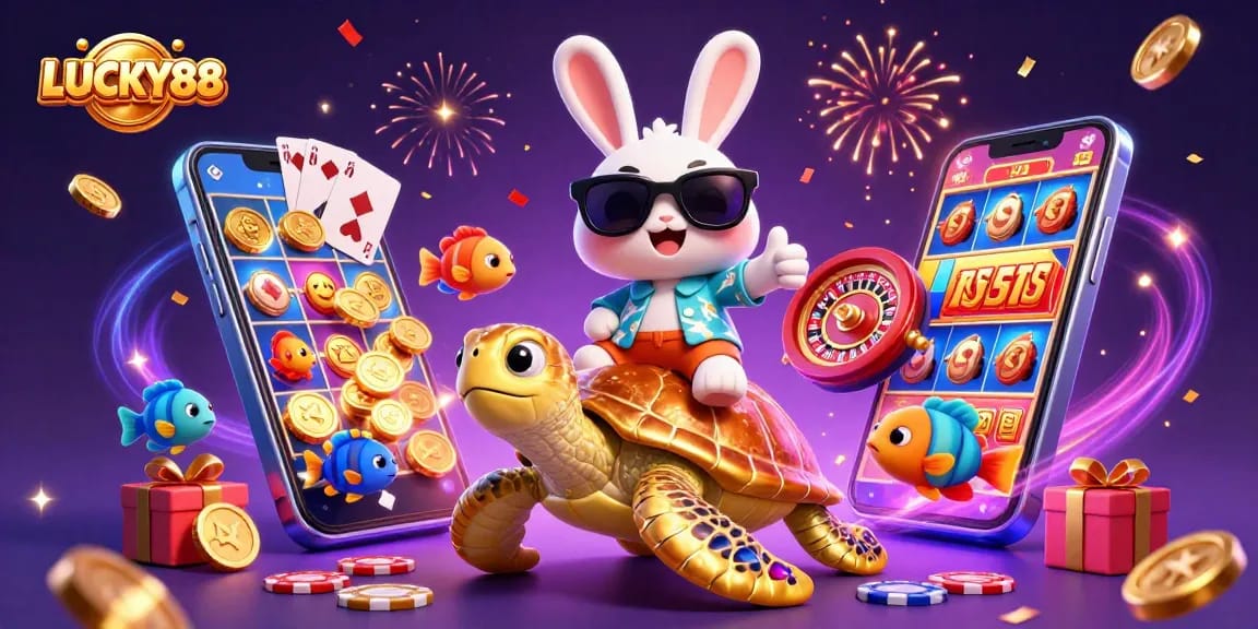 Spin the reels with LUCKY88 for exciting wins alongside a lucky rabbit and golden turtle.