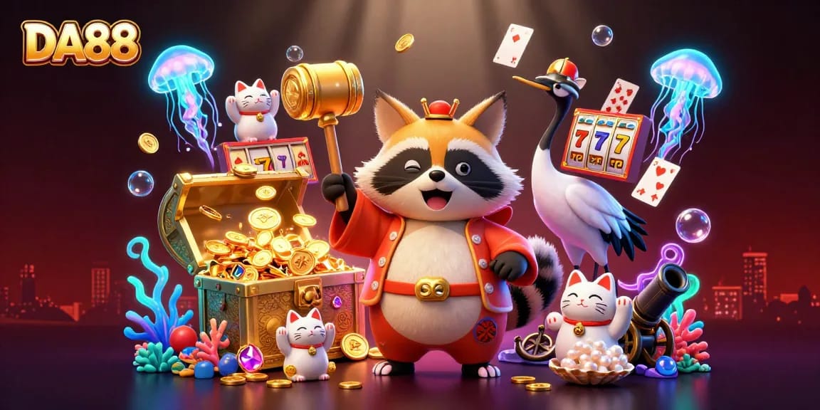 DA88 captures the excitement of gameplay with colorful slot reels and lucky symbols in a vibrant casino scene.