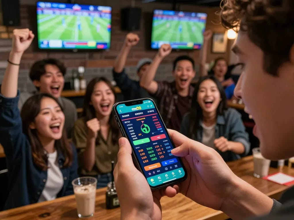 Engaged bettor using the mm88 app to place sports bets during live games in a lively sports bar.