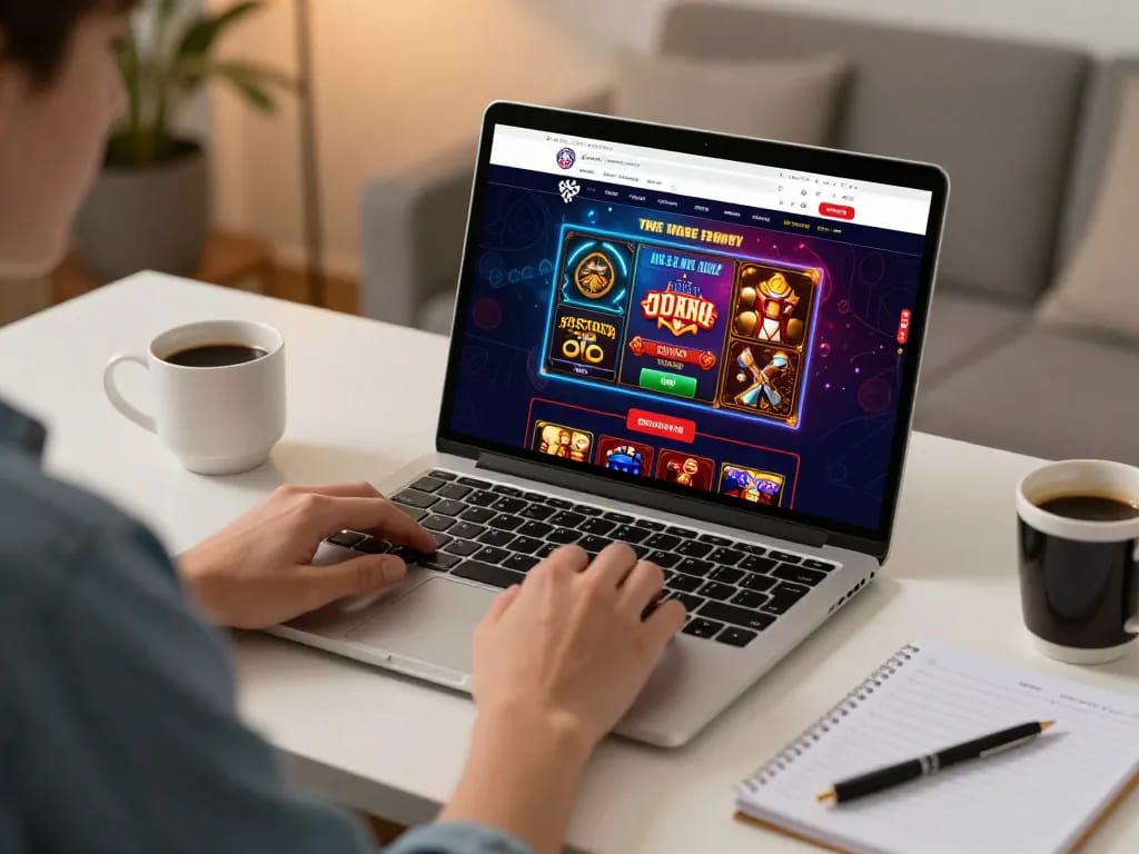 Engaged player exploring trang chủ bl555 on laptop, focusing on online casino strategy.