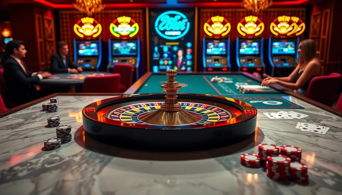 Experience the thrill of 78win with a vibrant casino scene featuring roulette, cards, and poker chips.
