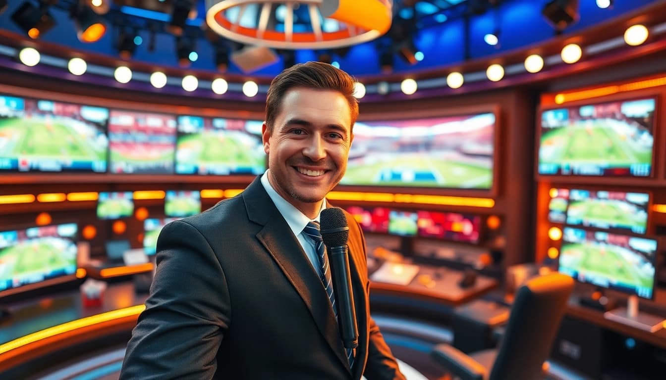 Enhance your understanding of Sports Broadcasting with a vibrant image of a dynamic studio setup.