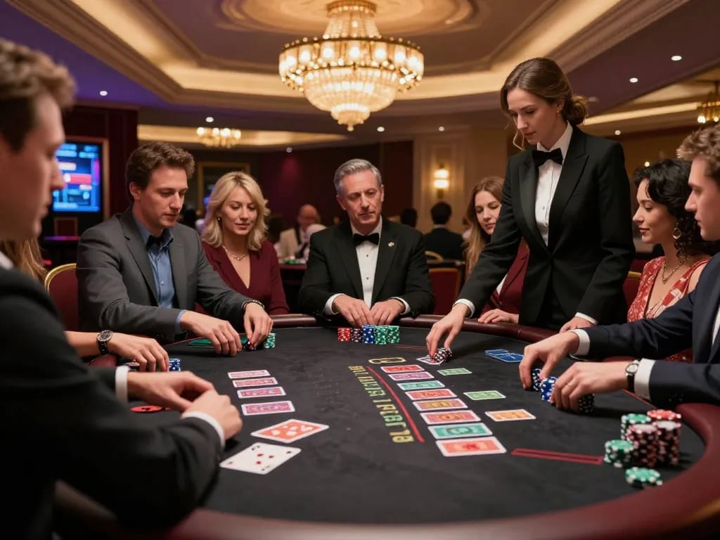 This live blackjack setting at https://da88.navy/ highlights players placing strategic bets in an upscale casino.