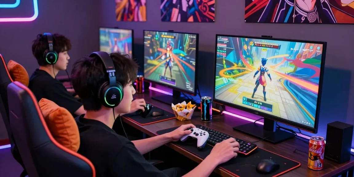 Gamers enjoying an immersive hentai game experience with vibrant visuals and colorful LED lighting.