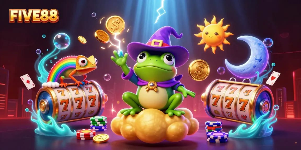 FIVE88 showcases dynamic casino excitement with 3D characters and vibrant gaming elements.