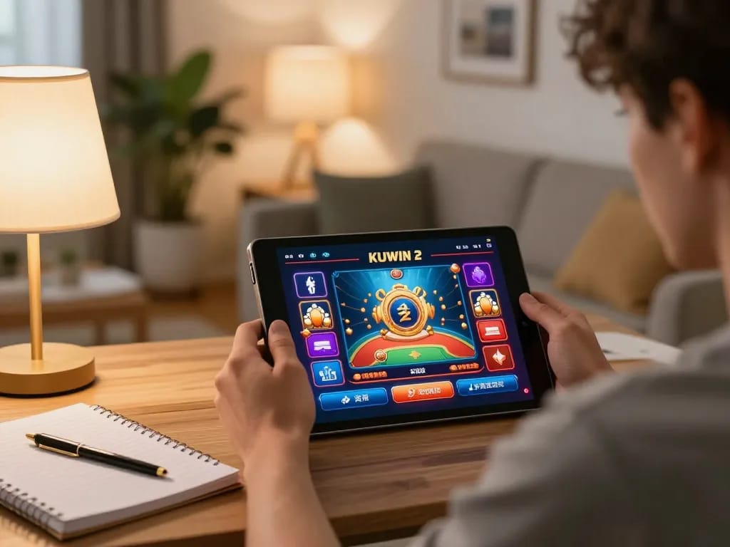 Kuwin 2 online gaming setup showing engaging casino game interface on tablet in warm home atmosphere