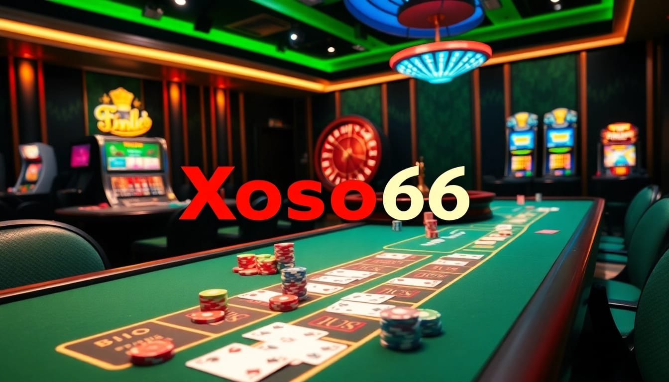 Xoso66 casino scene featuring vibrant poker tables and roulette wheel, inviting for gamblers.