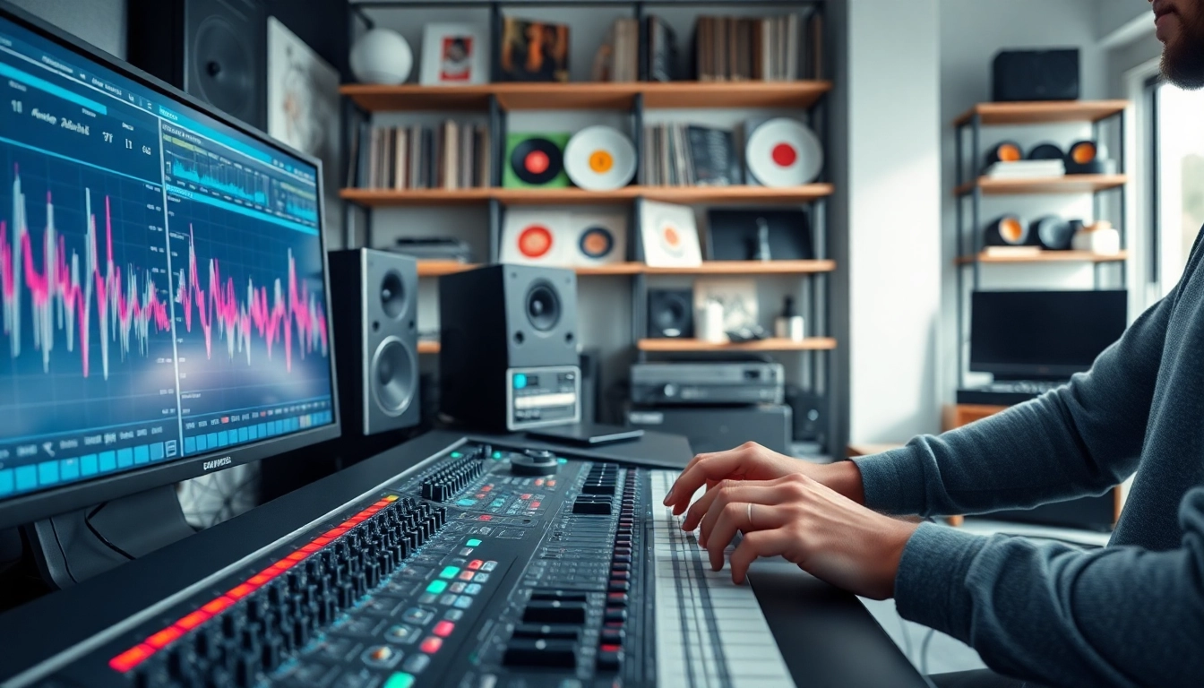 Audio engineer mastering tracks online using advanced technology in a modern studio setting.