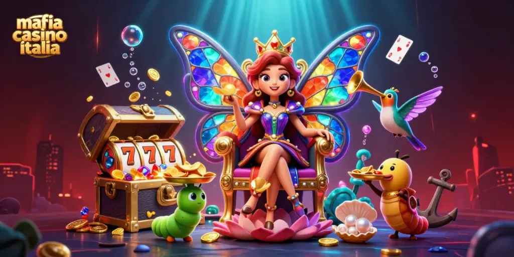 Mafia Casino Italia showcases a vibrant scene with a butterfly queen, slots, and treasures in a dazzling digital casino.