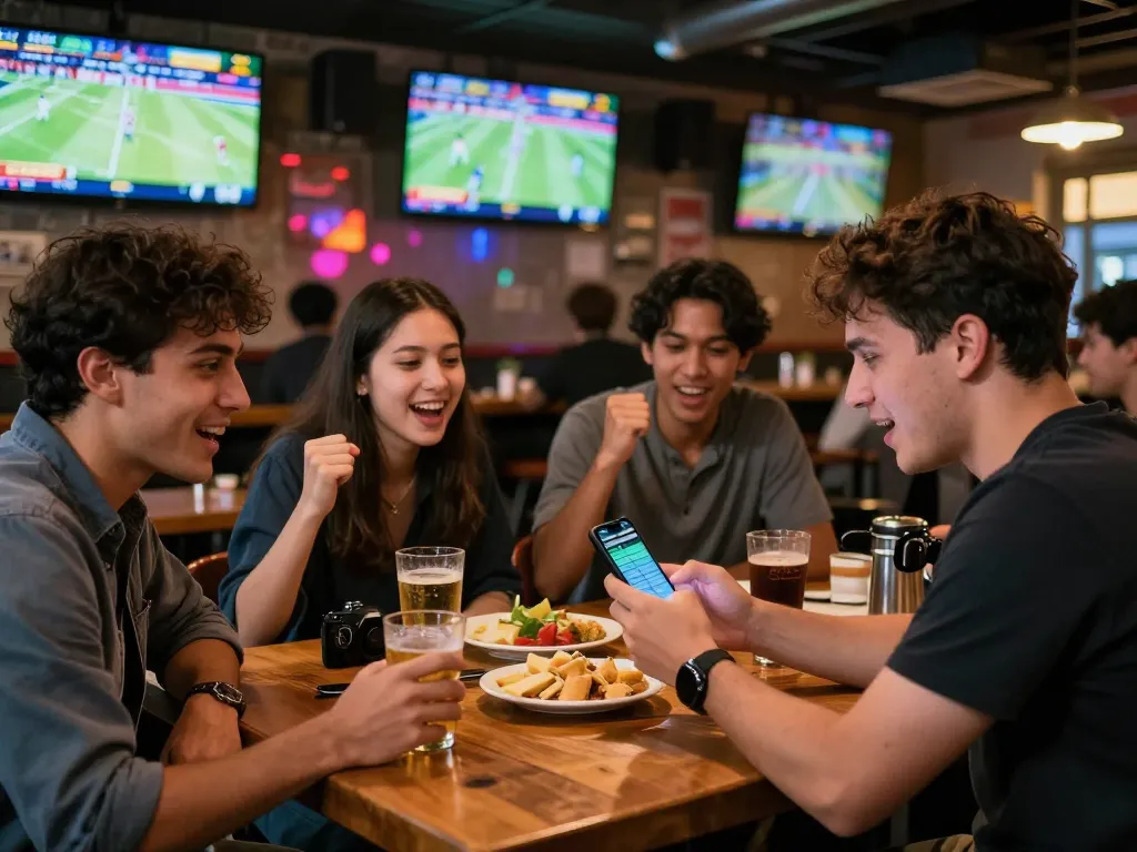 Exciting sports betting action at cm88z bar with friends engaged, checking odds on smartphones.