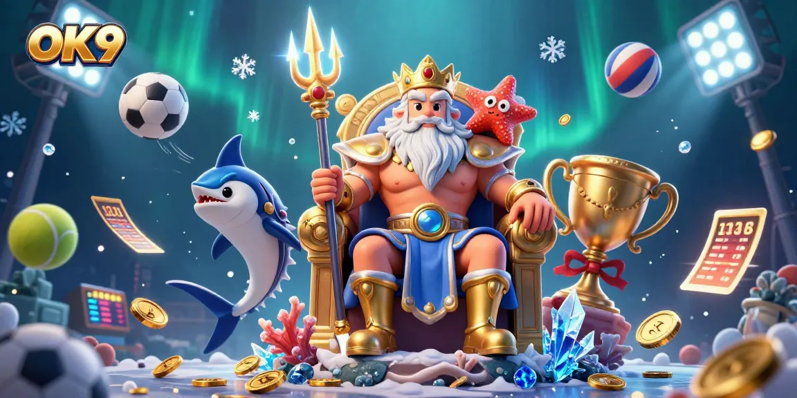 Engage with OK9 casino dynamics, featuring Neptune, sports elements, and vibrant underwater ambiance.