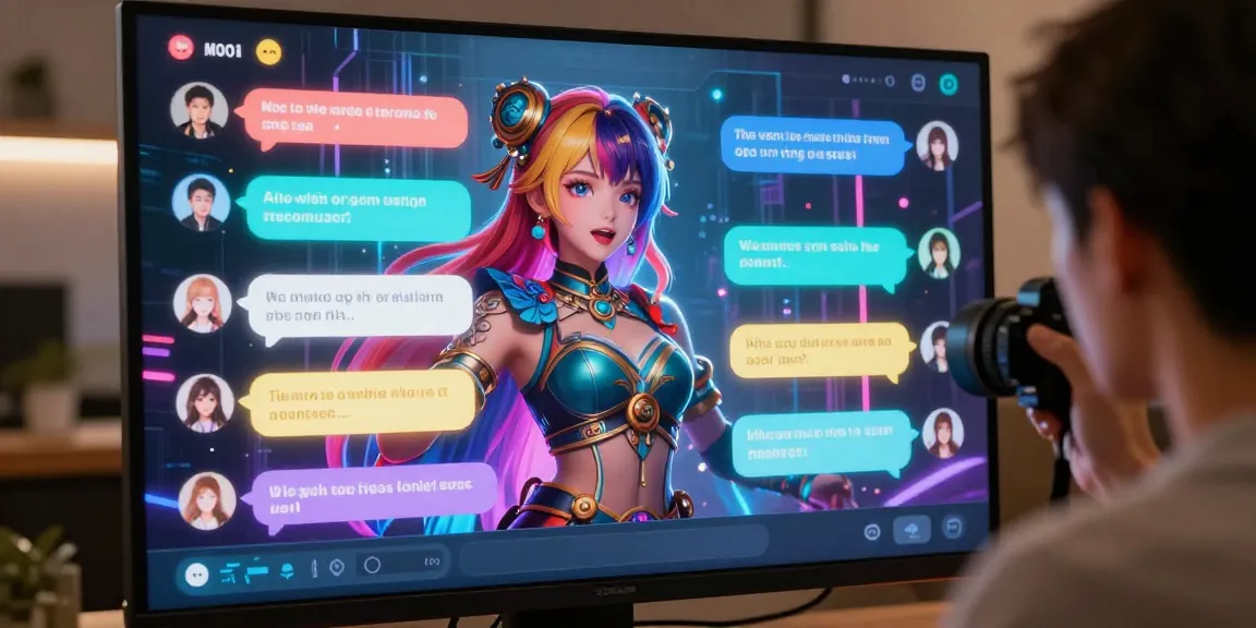 User interacting in an AI hentai chat with vibrant anime character and futuristic digital setting.
