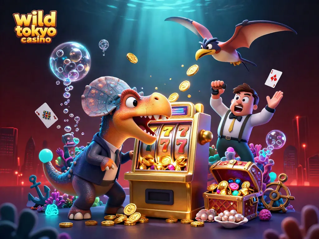 Experience the thrill of wild tokyo casino with a pachycephalosaurus winning jackpots and flying coins.