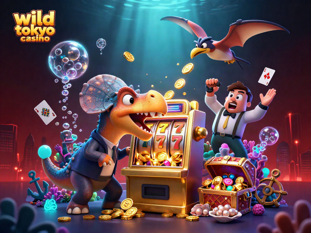 Experience the thrill of wild tokyo casino with a pachycephalosaurus winning jackpots and flying coins.