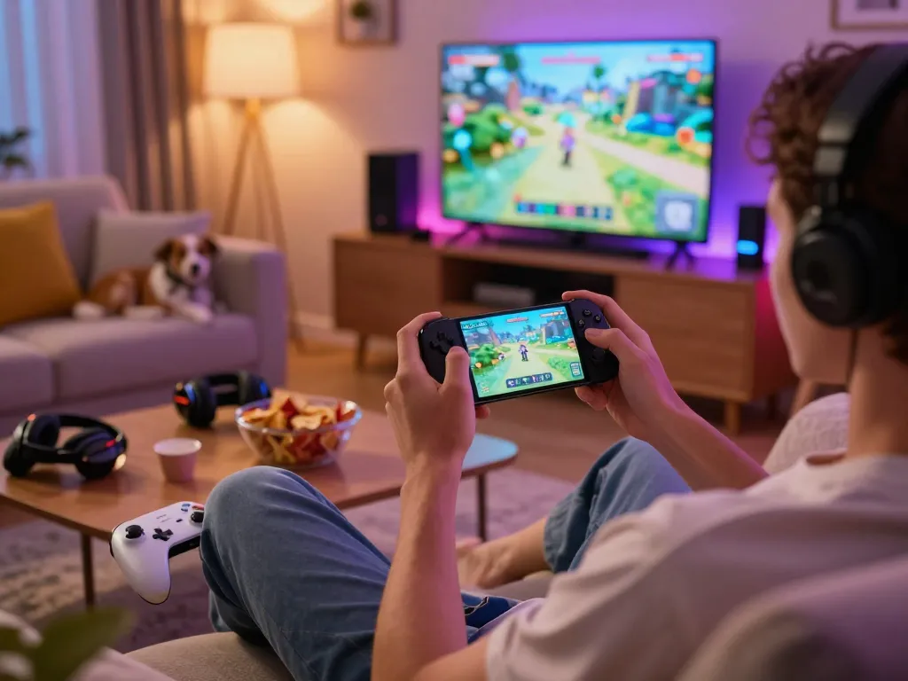 Engaging gaming experience with tải sun win on smartphone, cozy living room setting, vibrant lighting, and gaming accessories.