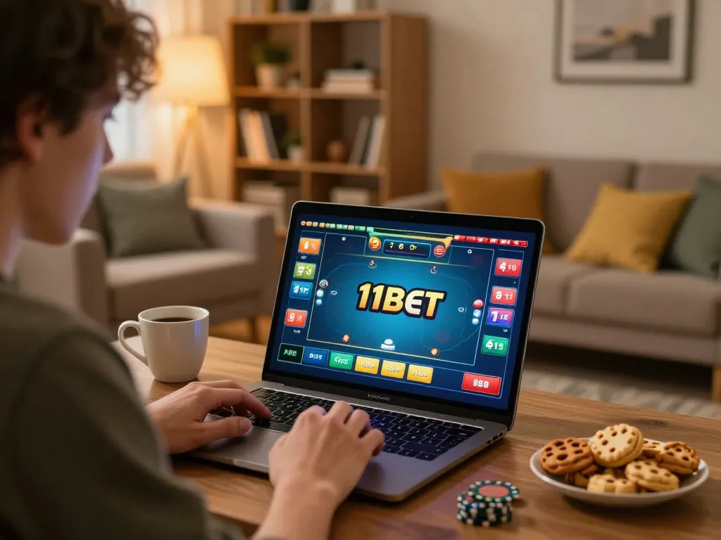 Play game bài 11BET online with engaging poker action in a cozy home setting
