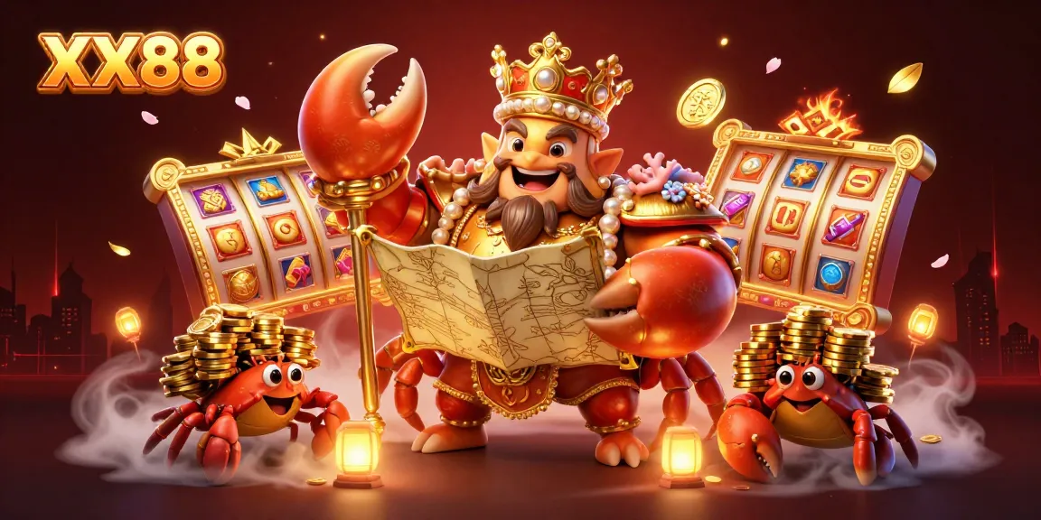 Experience exciting gameplay with XX88's golden crab emperor and treasure map amidst vibrant gaming elements.