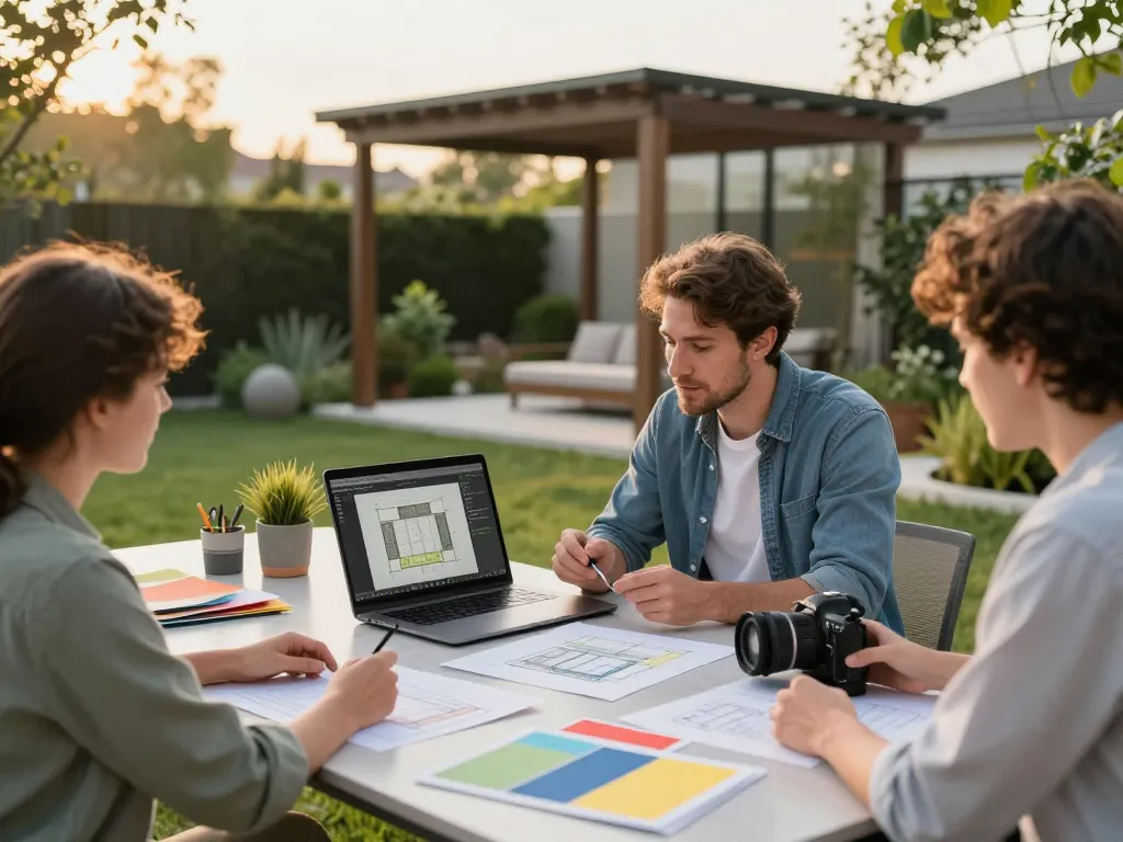 Professionista che utilizza software pergole per aziende per progettare strutture da giardino personalizzate.