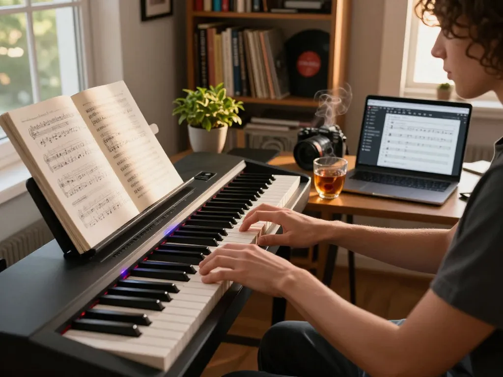 Pianist practicing on a go 88 digital piano in a cozy studio with natural light.
