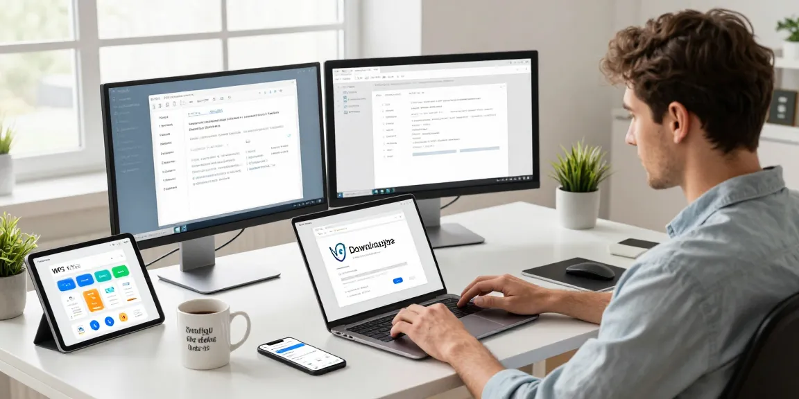 Efficient workspace scene with user actively engaging in WPS Download on a laptop, showcasing productivity and modern technology tools.